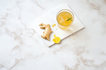 Obraz na płótnie Canvas kombucha tea with ginger slices on marble surface