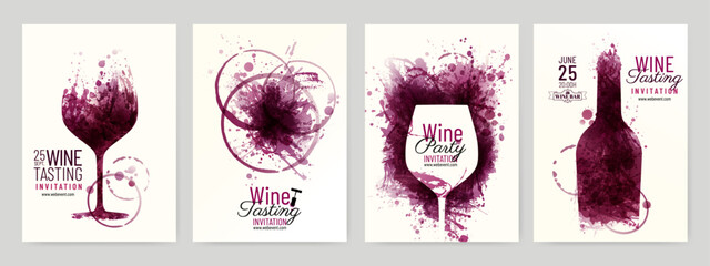 Collection of templates with wine designs. Illustration with background wine stains, glass, bottle. - 709696759