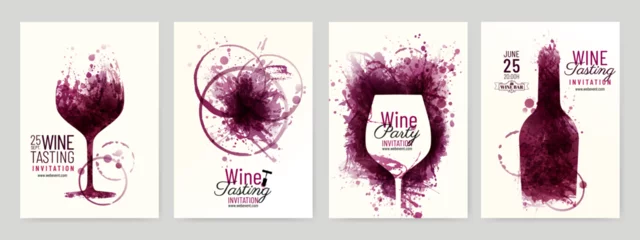 Fotobehang Collection of templates with wine designs. Illustration with background wine stains, glass, bottle. © Ografica