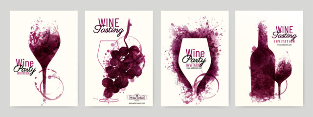 Collection of templates with wine designs. Illustration with background wine stains, glass, bottle, grapes. - 709696769