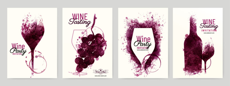 Collection of templates with wine designs. Illustration with background wine stains, glass, bottle, grapes.