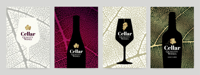 Set of wine designs with vine leaf background texture and wine symbols. Silhouettes of wine glass, bottle. Vector elegant background. - obrazy, fototapety, plakaty