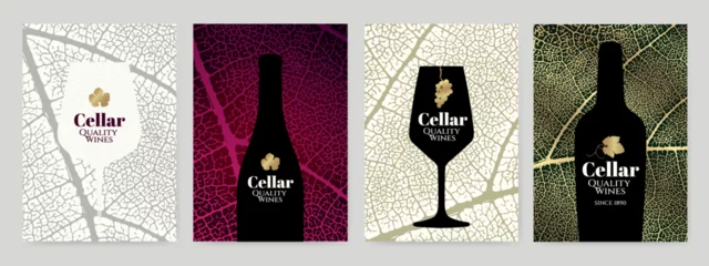 Fotobehang Set of wine designs with vine leaf background texture and wine symbols. Silhouettes of wine glass, bottle. Vector elegant background. © Ografica