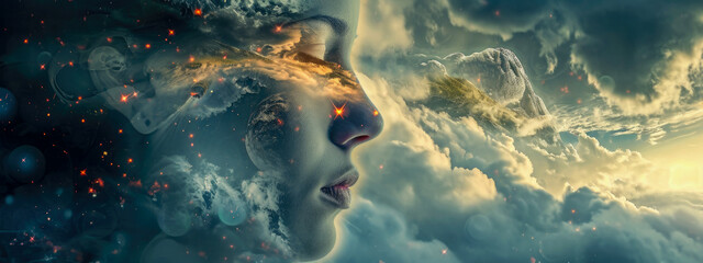 Fantasy face of woman with closed eyes in the sky - obrazy, fototapety, plakaty