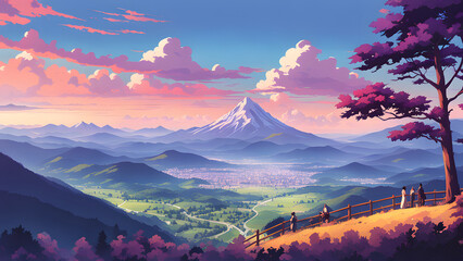 a beautiful landscape of mountain valley Scenery art background desktop wallpaper purple theme  nature landscape 