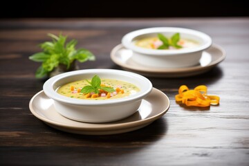 bowls of gazpacho soup garnished with cucumber and mint