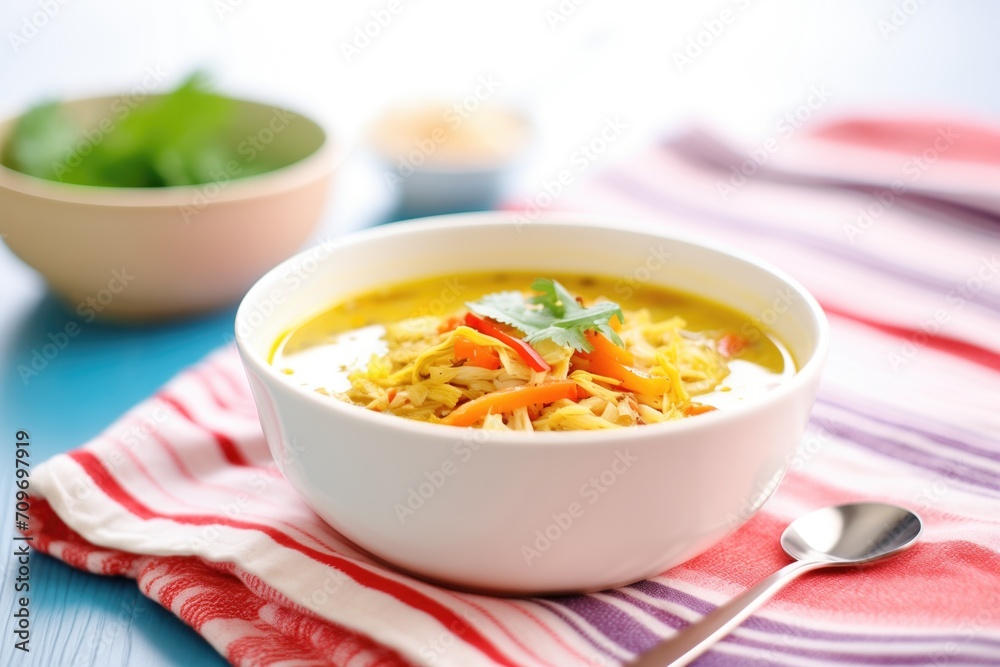 Wall mural mulligatawny soup in a white bowl with red napkin underneath