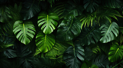 Fototapeta na wymiar Group background of dark green tropical leaves