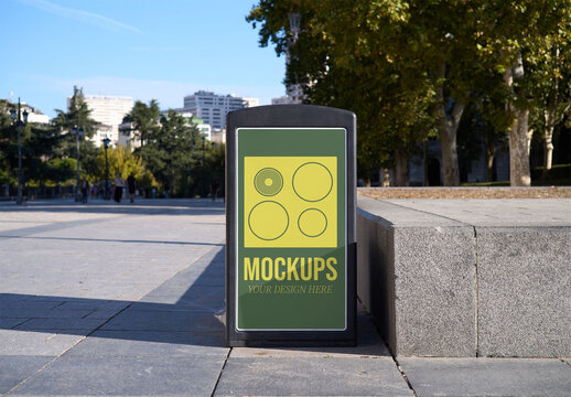 Mockup of customizable litter bin on sidewalk