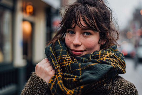 Generative AI image of a happy woman bundled up in a green checkered scarf, looking at the camera with a subtle smile, on an urban street background.