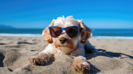 Fototapeta na wymiar Cheerful Cocker Spaniel Dog Enjoying the Beach Sun in Sunglasses