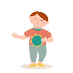 Little cute boy is playing musical tambourine. Music vector cartoon illustration.