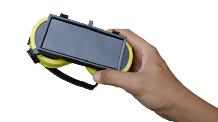 Hand holding flip up welding googles isolated on transparent background