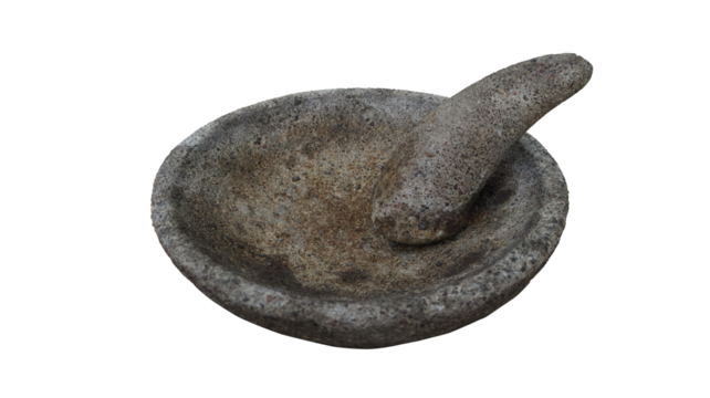 Indonesian traditional kitchenware named "cobek and ulekan" i.e. stone mortar and pestle isolated on transparent background