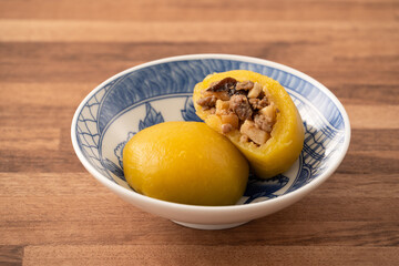 Sweet potato yam bun with ground pork meat, mushroom and chopped bamboo shoot fillings inside.