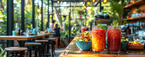 Colorful fruit smoothies and a bowl of fresh salad on a rustic wooden table in a lush cafe setting,...