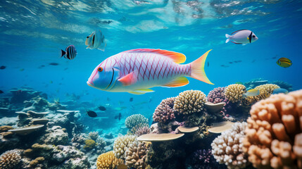 Parrot fish in the coral reef underwater