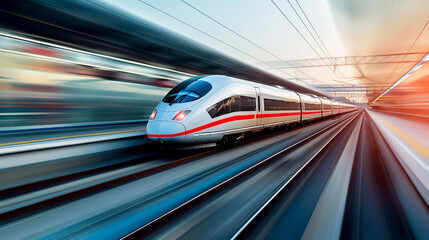 High-speed bullet train in motion, concept of modern rail travel. Motion blur.