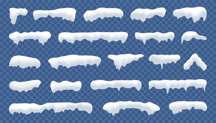 Realistic snow caps set. White snow caps, snowball, snowdrifts and snow piles. Snowy elements on winter background. Winter elements decorations. Christmas elements. Vector illustration. © TMvectorart