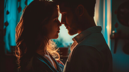 Intimate couple close together, concept of romance and love.
