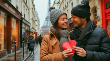 Couple sharing a romantic moment with a heart in Paris, Valentine's Day theme. Shallow field of...