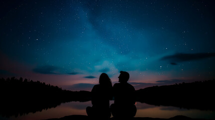 Fototapeta premium Couple silhouette against a starry summer night sky, romantic outdoor scene. 