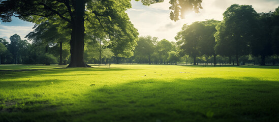 Park with trees and grass meadow in sunlight in summer or spring - Nature and leisure theme - obrazy, fototapety, plakaty