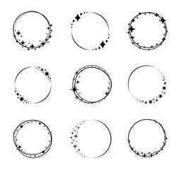 Circle star frame set. Sparkle circle frame collection. Twinkle stars collection. Effect shine, glitter, twinkling and clean. Vector illustration. - obrazy, fototapety, plakaty
