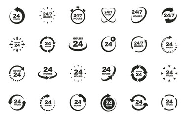 24 7 service icon set. 24-7 open, concept with call icon. Support 24 hours a day and 7 days a week. Support service. Vector Illustration.