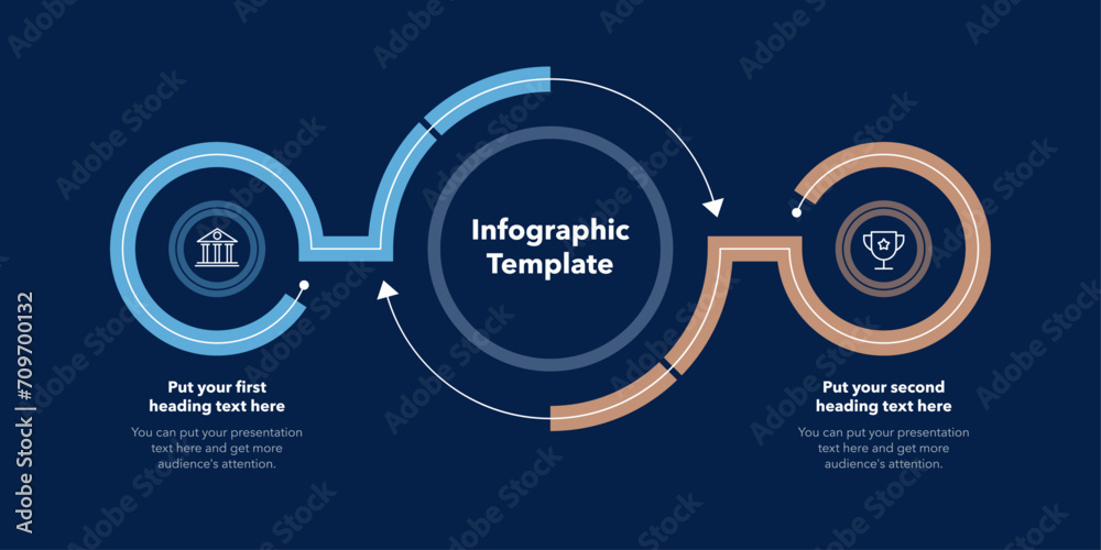 Poster Simple diagram with two stages with icons and a place for your text - dark version. Flat infographic design for website, marketing or promotion.