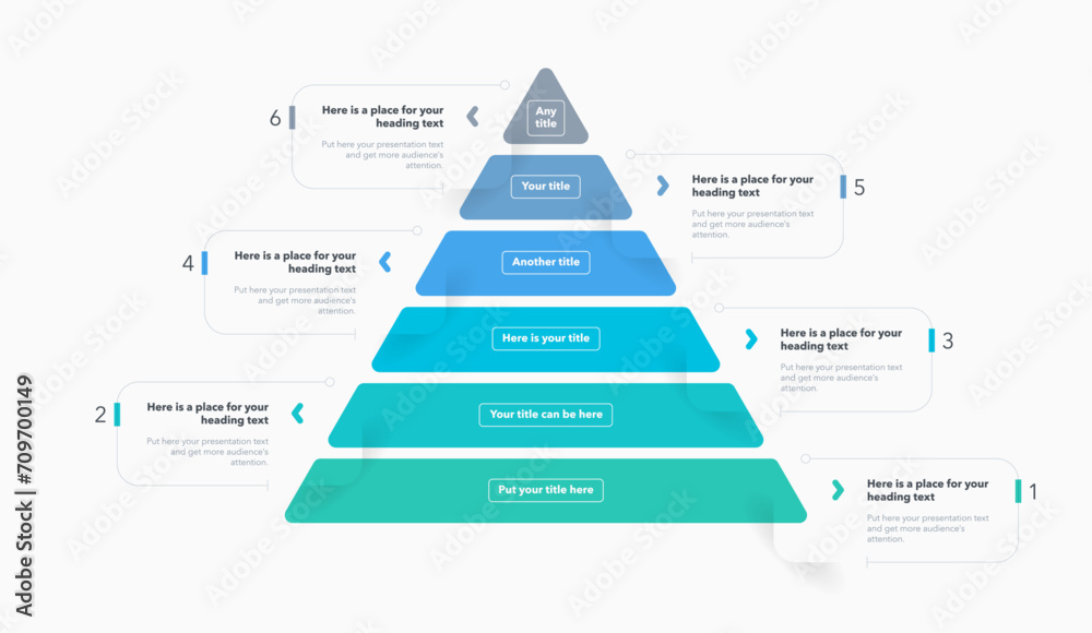 Aufkleber triangle pyramid chart template with six colorful steps. infographic diagram divided into six option