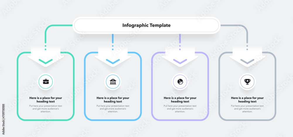 Aufkleber Process flow diagram divided into four options. Moder infographic with minimalistic icons and place for your texts.