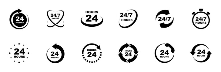 24 7 service icon set. 24-7 open, concept with call icon. Support 24 hours a day and 7 days a week. Support service. Vector Illustration. - obrazy, fototapety, plakaty