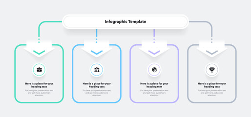 Process flow diagram divided into four options. Moder infographic with minimalistic icons and place for your texts. - obrazy, fototapety, plakaty