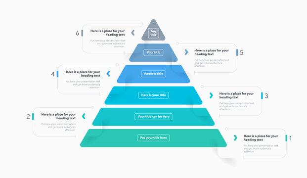 Triangle pyramid chart template with six colorful steps. Infographic diagram divided into six options with numbers.