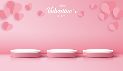 Happy valentines day and stage podium decorated with heart shape. pedestal scene with for product, cosmetic, advertising, show, award ceremony, on pink background and light. vector design.