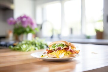 breakfast sub with egg and bacon, morning light - obrazy, fototapety, plakaty