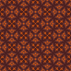 Ethnic and ikat seamless pattern designed for carpet or rug with orange an brown damask baroque background