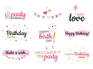 Bright birthday decorations big set. Happy birthday cute inscriptions collection for greeting cards, invitations, banner, print. Vector illustration of calligraphy isolated on white background.