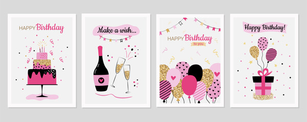 Bright birthday decorations big set. Happy Birthday cute cards collection in simple style. Cards with cake, balloons, gift, champagne.