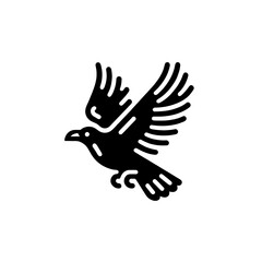 Elegant vintage vector icon of a flying raven in bold black and white minimalistic style, isolated on a white background.