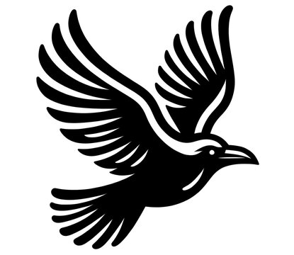 Classic black and white vector silhouette of a vintage flying raven, featuring a bold and minimal mono line design. Isolated on a white background.
