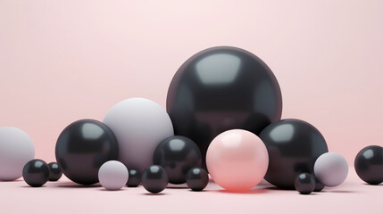 3D black and pink spheres of different sizes and transparency. Pastel colour palette. Abstract background. Generative AI