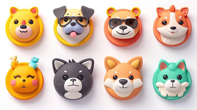 3d render, pet avatar collection, set of round stickers with cartoon character faces.Generative AI