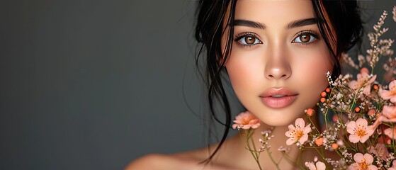 Beautiful woman with classic nude make-up, light hairstyle and flowers. Beauty face.Generative AI - obrazy, fototapety, plakaty
