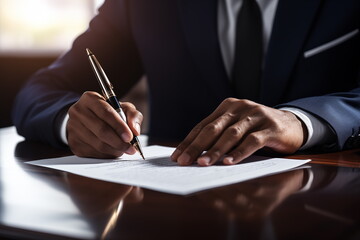 Man signing an official document. Close up businessman with pen in hands, ready signing paper,  executive manager, Generated AI - obrazy, fototapety, plakaty