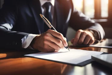 Fotobehang Man signing an official document. Close up businessman with pen in hands, ready signing paper,  executive manager, Generated AI © jirayut