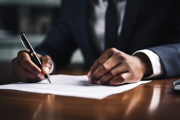 Man signing an official document. Close up businessman with pen in hands, ready signing paper,  executive manager, Generated AI