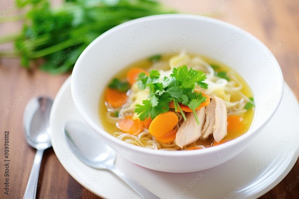 Wall mural chicken soup with noodles and sliced carrots in a white bowl, parsley garnish - Wall murals