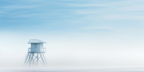 Fototapeta na wymiar Lifeguard Tower in a white mist on a beach of seaside. Lonely landscape with watchtower. Generative AI